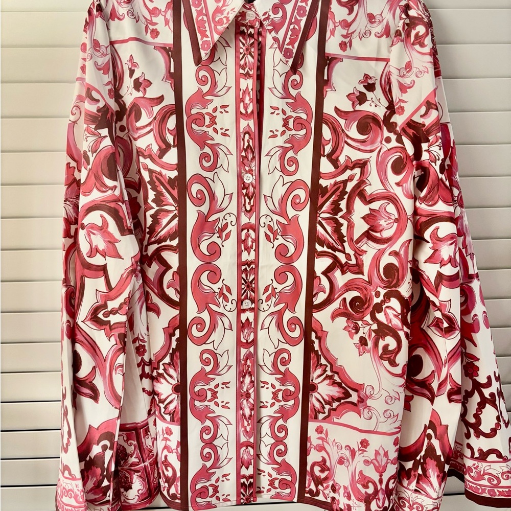Pink and White Patterned Long Sleeve Shirt